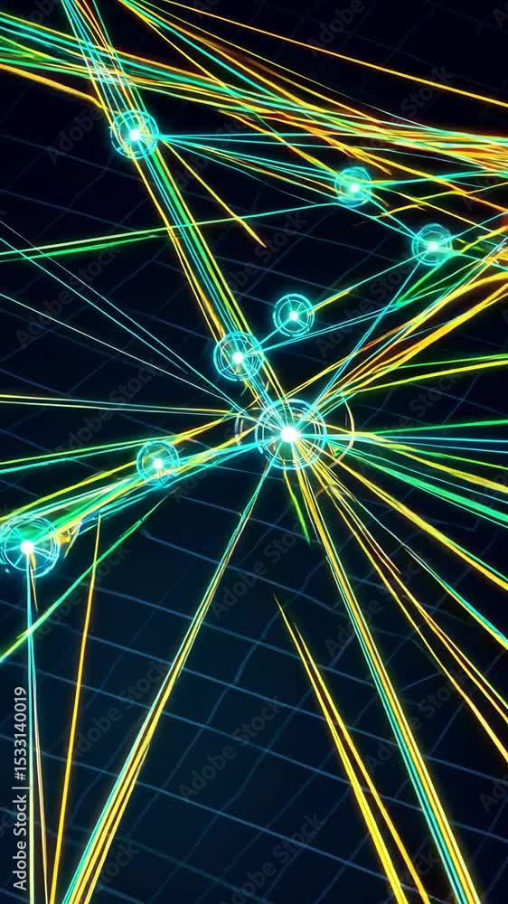 Aufkleber glowing neon lines and spheres in dynamic digital network