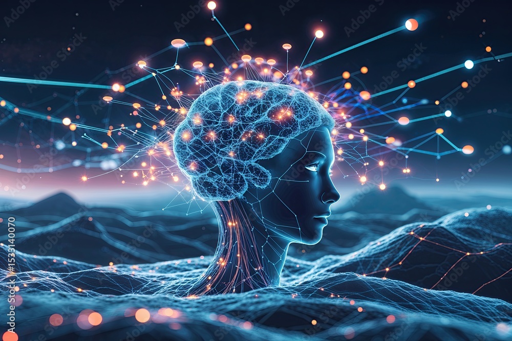 Poster innovative neural network design showcasing human cognition and smart technology integration in a di