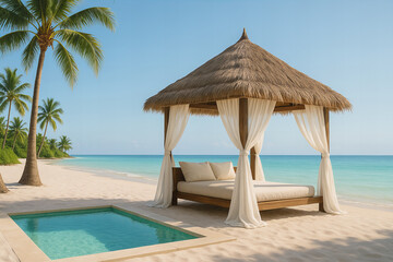 Photo of a luxurious beach cabana with a daybed and private plunge pool offers a tranquil escape