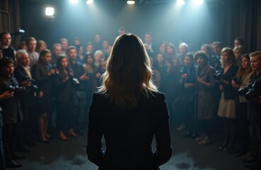 Back view woman addresses crowd reporters press conference. Female speaker, news event indoor with audience. Leadership formal corporate business presentation interview.