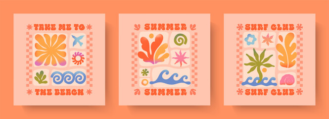 Summer illustrations with sea ocean waves,coral,palm,sun.Groovy boho beach,surf club retro aesthetic.Summer vacation backgrounds in simple funny style.Graphic prints for shirts,banners,covers,branding