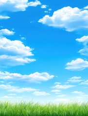 Obraz premium Bright clear blue sky with scattered white fluffy clouds above vibrant green grassy field on sunny day