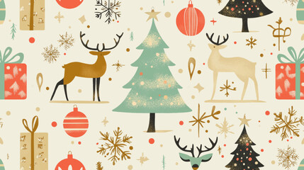 Obraz premium Whimsical seamless Christmas vector with trees, deer, and snowflakes for festive commercial backgrounds