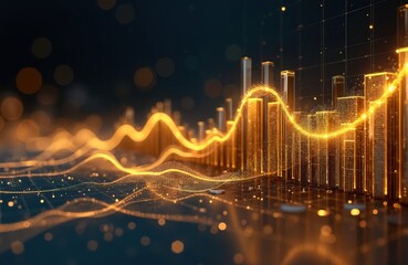 Digital illustration shows financial growth diagram with gold stock chart, profit, investment. Economy finance background. Business development. Future tech, ai, cyberspace concept.