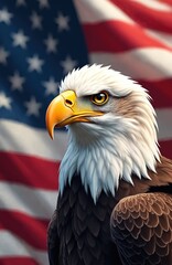 Obraz premium Illustration majestic bald eagle with American flag background. National symbol of United States, representing freedom, strength, patriotism. Ideal for Fourth of July, Independence Day, memorial