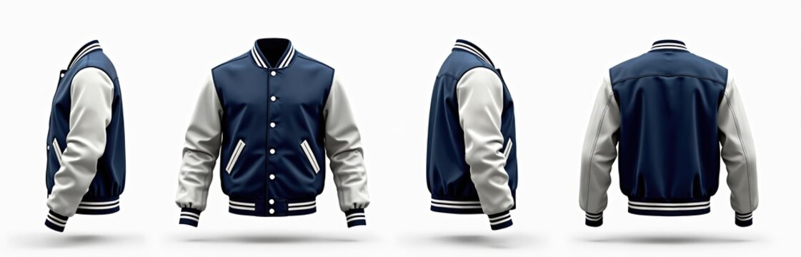 Varsity jacket mockup in navy blue and white. Front side back views. Baseball, college style apparel design. Apparel for students and young people. Fashion template.