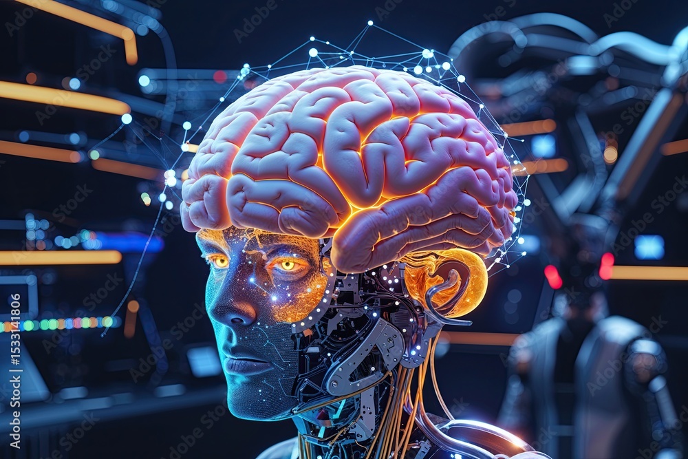 Poster advanced brain animation: integrative human interfaces and robotics innovations in 4k motion graphic