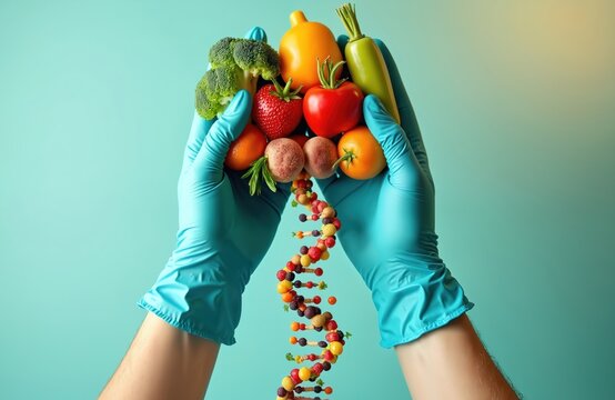 Hands in blue gloves hold various fruits vegetables arranged DNA strand. Nutrition science diet concept for balanced dietary health. Vitamins, antioxidants, metabolism, wellness concept.