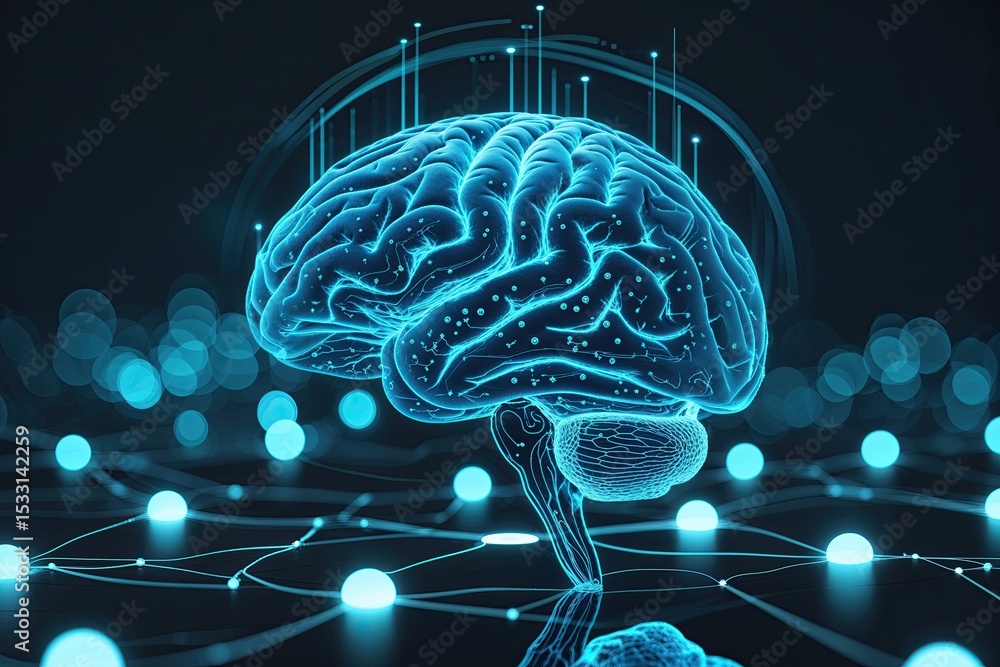 Poster smart design of a digital brain radiating blue neural waves and illuminated circles
