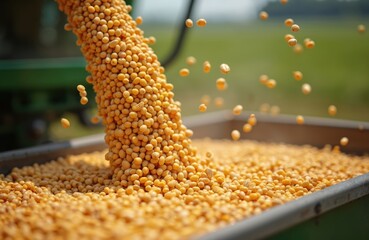 Soybean pouring from combine auger into trailer. Harvest time, ripe soybean beans, grain flow into transportation. Agriculture industry, food production, autumn farm work. Agriculture harvest season.