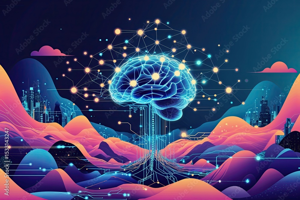 Poster innovative neural network design showcasing abstract human cognition and seamless smart technology i