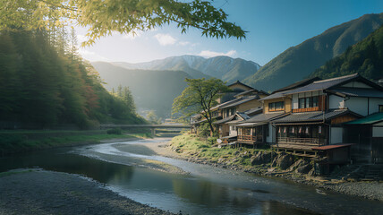 Serene Japanese Village by River and Mountains