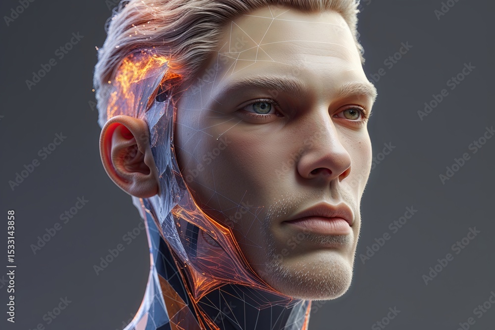 Poster hyperrealistic 3d male head with polygonal skin in abstract geometric and fluid particle design