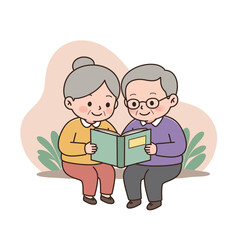 Senior couple reading together while sitting on a bench with plants  