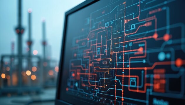 Close-up computer screen displays digital diagram. Power plant blurred background. Tech, innovation, data visualization, energy infrastructure, electricity grid. Automation progress.