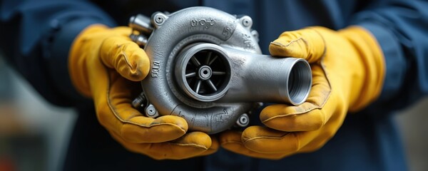Mechanic holds turbocharger component in gloved hands. Demonstrates expertise in machinery repair. Shows high-performance turbo installation. Concept automotive industry maintenance or engineering.