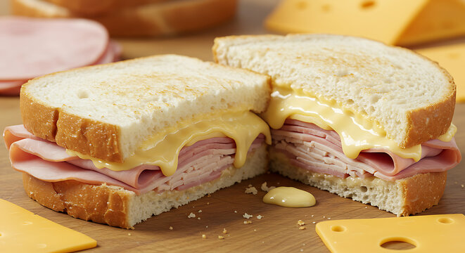 Grilled Cheese with Ham and Turkey Sandwich | White Bread Sandwich with Melted American Cheese turkey and Ham Slices - Powered by Adobe