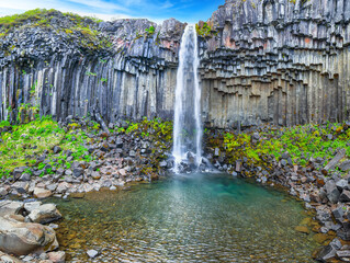 Impressive view of Svartifoss waterfall with basalt columns on southern part of Iceland.