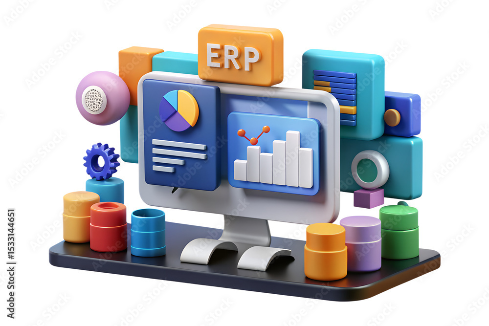 Poster 3d illustration of erp system with colorful data visualization on computer screen