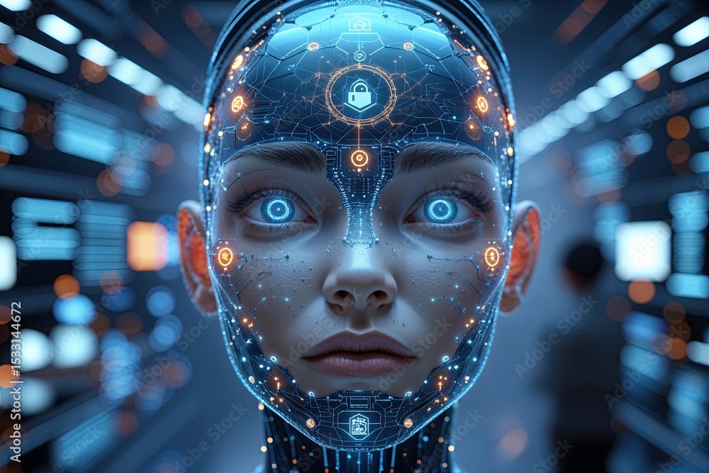 Poster futuristic 3d visualization of human face analyzing data cybersecurity and digital identity