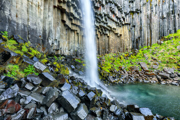 Ramarkable view of Svartifoss waterfall with basalt columns on southern part of Iceland.