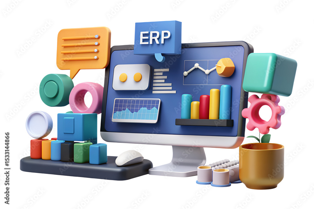 Poster 3d illustration of erp system with colorful data and charts on computer screen