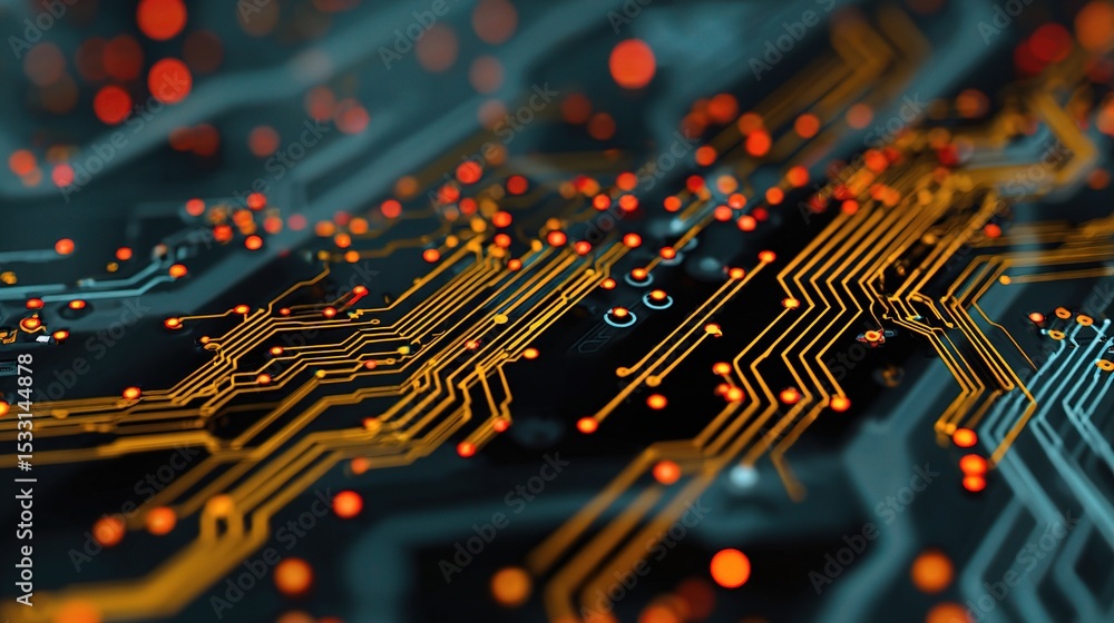Poster abstract circuit board design with layered digital motifs and lights