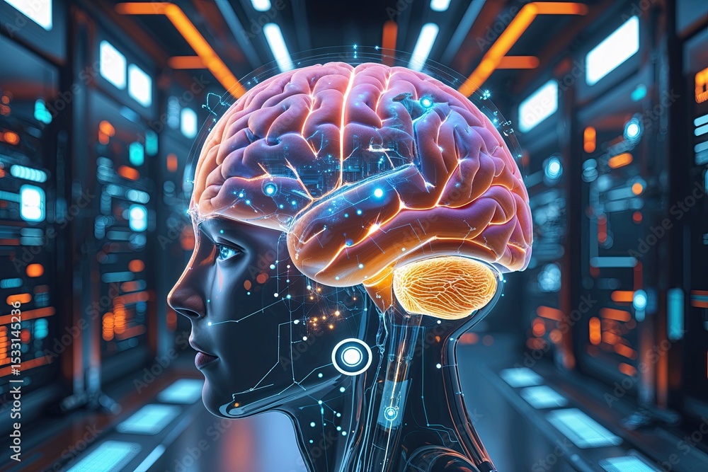 Aufkleber exploring the human brain in a tech-enhanced environment as a representation of intelligence and con