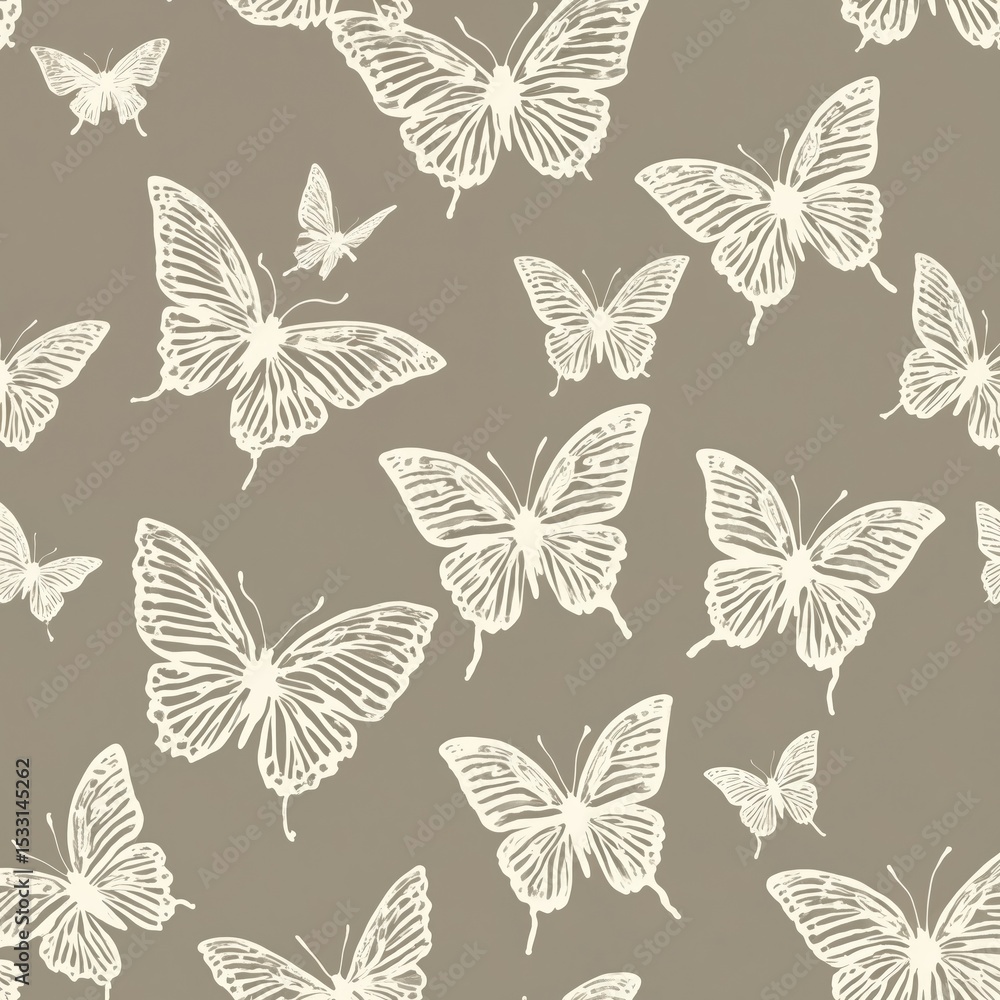 Poster seamless butterfly design pattern. white butterflies scattered on taupe backdrop. illustration perfe