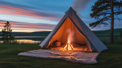 Campfire inside a Bell Tent at Sunset by a Lake