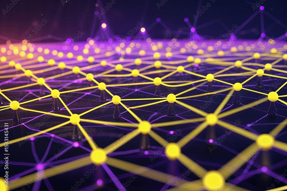 Poster modern virtual grid featuring vibrant yellow and violet nodes and links for improved digital connect