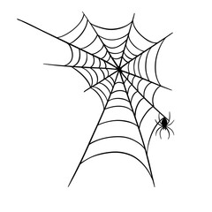 Creepy scary element colection for Halloween occasion. Spiderweb, spider and web. Horror decorations line art hand drawn 