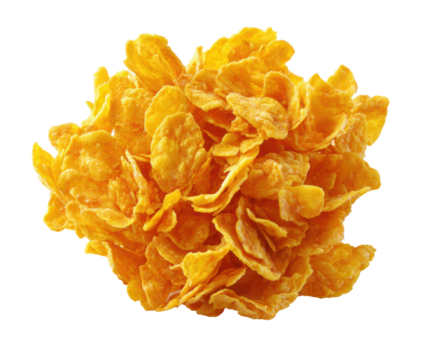 Crunchy corn flakes for a healthy breakfast choice on a transparent background, cut out