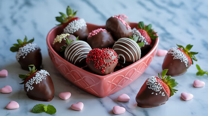 Chocolate Covered Strawberries in Heart-Shaped Bowl for Valentine's Day