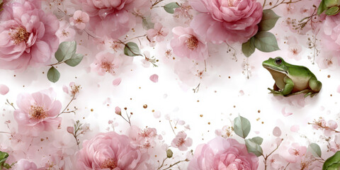 A simple cute illustrated seamless pattern of frogs and flowers