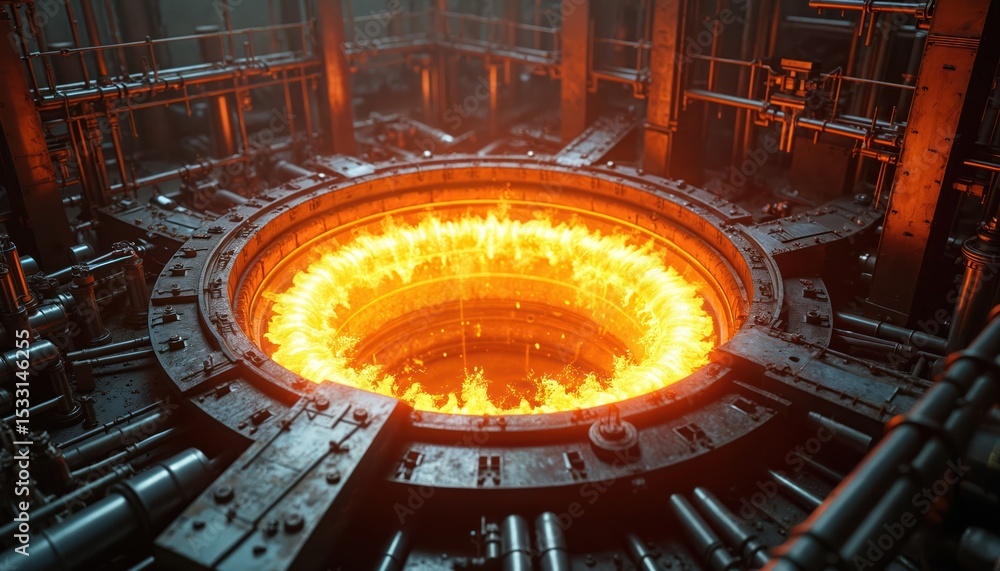 Poster nuclear fusion energy reactor core. plasma chamber, high-temperature experiment with powerful light.