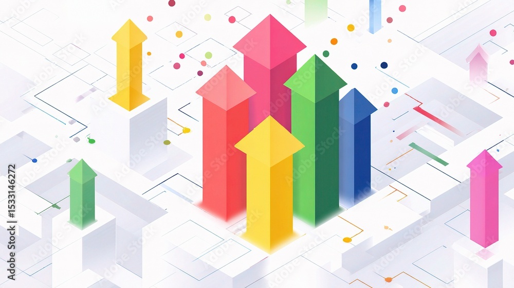 Poster isometric design with colorful arrows and grid background