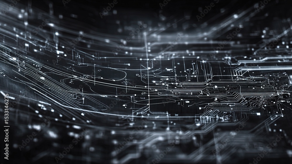 Poster detailed tech diagram with elec lines and dots on dark backdrop