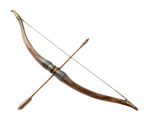 Traditional wooden bow and arrow used in archery activity on a transparent background, cut out
