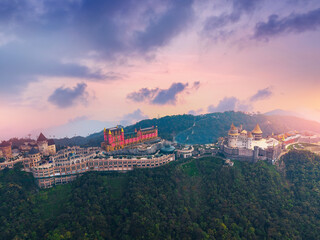 Scenic aerial view of ba na hills, captivating landscape and architectural lunar castles and French...