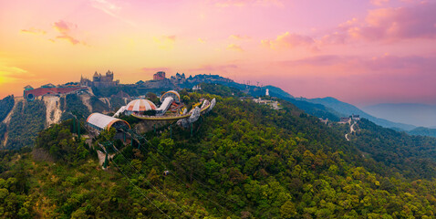 Scenic aerial view of ba na hills at sunset in Da nang, Vietnam