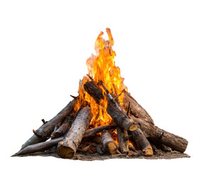 Bright campfire blaze with logs burning at night outdoors on a transparent background, cut out