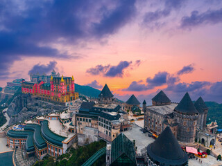 Sunrise over ba na hills castles and landscape in Da nang, Vietnam