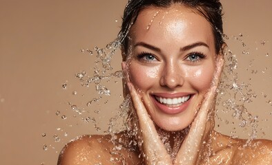 Beautiful model woman with water splashes fresh skin beauty concept.Woman, washing face or water drops skincare 