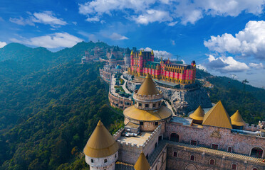 Scenic aerial view of ba na hills castle architecture in Da nang Vietnam