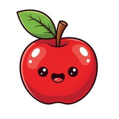 Adorable Happy Red Apple Cartoon Illustration with Friendly Smiling Face, Simple Stem and Green Leaf, Isolated on White Background for Kids' Designs and Healthy Eating Concepts