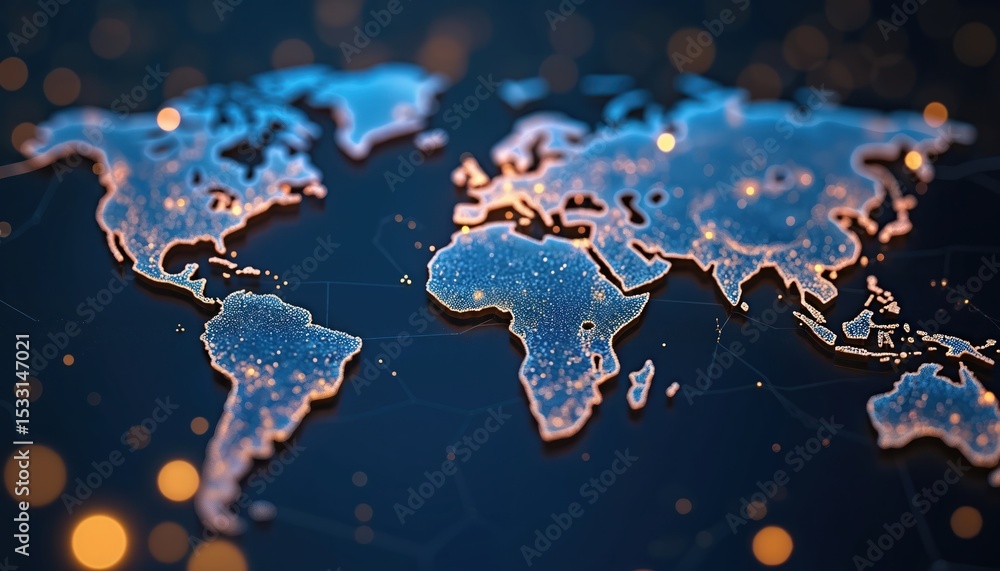 Poster world map digital network with glowing nodes, lines. global internet connection, communication tech,