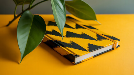 Yellow and Black Notebook with Green Plant Leaves