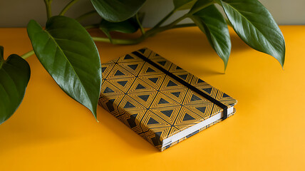 Geometric Notebook and Green Leaves on Yellow Background