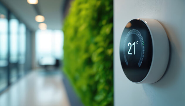 Digital thermostat displays 21 degrees in modern office setting. Energy-saving temperature control for lower consumption. Smart building tech, eco-friendly, efficient, sustainable, helping to cut